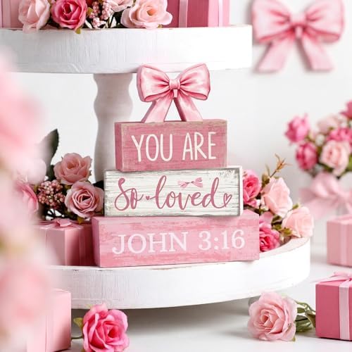 Lineshading 4 Pcs Pink Bow Decor Christian Table Decor Wooden Block Signs - Image 2