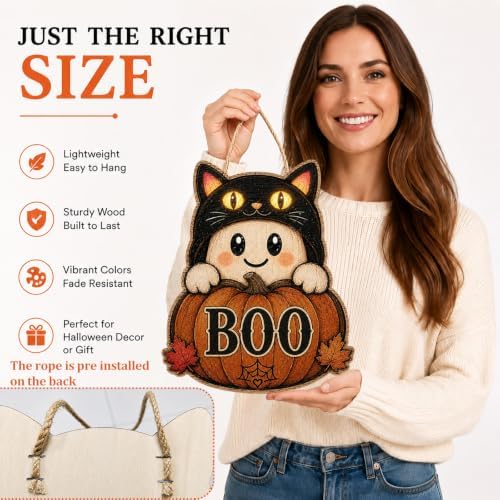 Halloween Door Sign Cute Ghost Wear a Black Cat Hat Pumpkin BOO Decor - Image 3