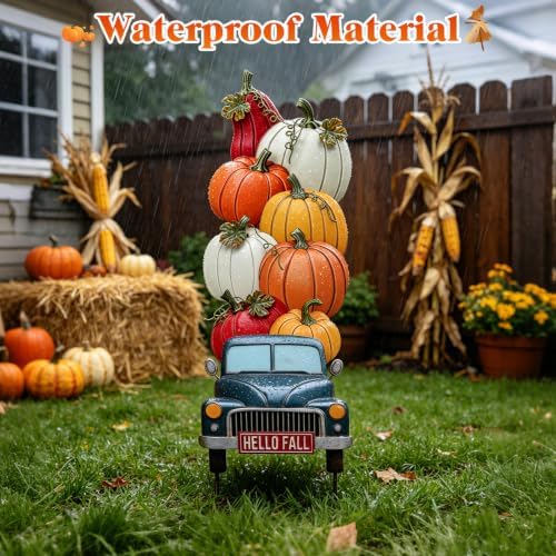 VCUTEKA Fall Outdoor Yard Sign, Stacked Pumpkin Truck Garden Stake Decor - Image 4