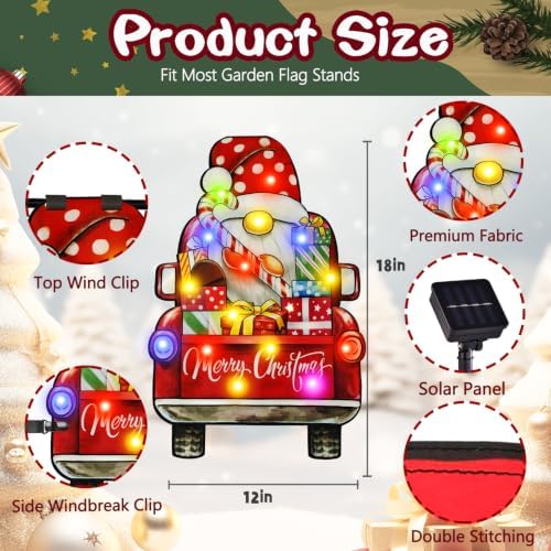 12x18 Lighted Christmas Dwarf Garden Flag, 8 Modes Solar LED - Image 2