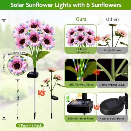 Solar Sunflower Lights Outdoor Garden Decor, 6 Pack Solar Multicolor Flowers Lights with 18 Sunflowers, Waterproof Fall Decor Stake Decorative Light Auto ON/Off for Garden Yard Patio, Gift for Women - Image 2