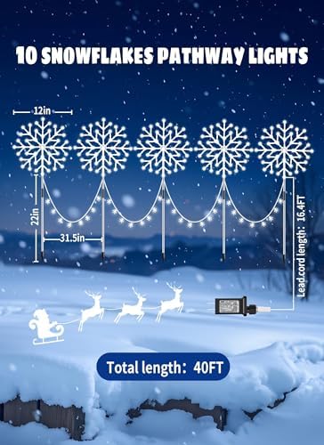 Minetom Snowflake Lights Outdoor, 10 Large Snowflake Christmas Pathway Lights Outdoor Christmas Decorations Yard Sidewalk Walkway Driveway Marker Stake, White - Image 7