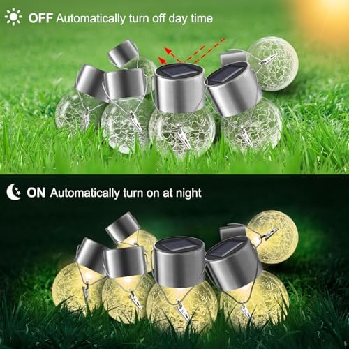 Solar Lights Outdoor Hanging Decorative Globe 8 Pack, Waterproof Solar Lantern with Handle and Clip, Solar Powered Glass Ball Lights for Garden Yard Fence Tree Umbrella Holiday Décor, Warm White - Image 4