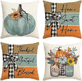 AVOIN colorlife Fall Pumpkin Home Sweet Home Throw Pillow Covers, 20 x 20 Inch Autumn Thankful Grateful Blessed Harvest Floral Decorations for Sofa Couch Set of 4, Blue by AVOINcolorlife