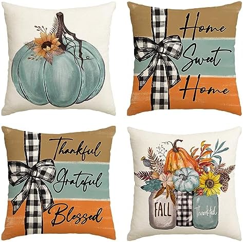 AVOIN colorlife Fall Pumpkin Home Sweet Home Throw Pillow Covers, 20 x 20 Inch Autumn Thankful Grateful Blessed Harvest Floral Decorations for Sofa Couch Set of 4, Blue by AVOINcolorlife