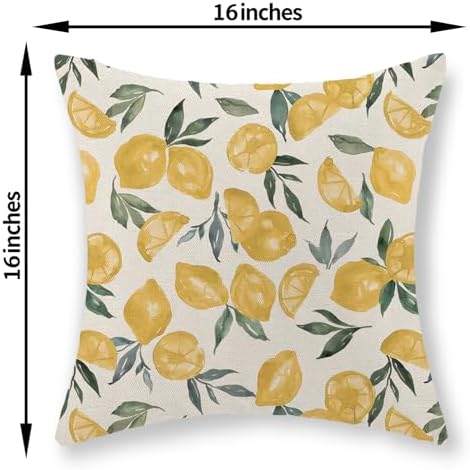 Summer Pillow Covers 16x16 Inch Set of 2 Yellow Lemon Pillow Covers Summer Outdoor Decorative Pillow Cases Linen Farmhouse Yellow Cushion Covers Decor for Couch Living Room Bedroom Sofa - Image 2