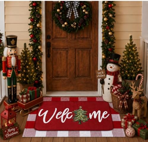 Tinideya 2 Pcs Christmas Doormats Xmas Tree Welcome Outdoor Door Mats Red and White Layered Front Door Rugs Non Slip Floor Mats for Holiday Porch Entryway Xmas Holiday Seasonal Decor by Tinideya