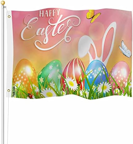 Yekiua Easter Theme Flag 3X5 Ft Outdoor Bunny Ears Butterflies Colorful Eggs Grass Flowers Pink Nature Sun Beams Happy Easter Premium Strongest Longest Lasting Flag Vivid Color With Brass Grommets by Yekiua