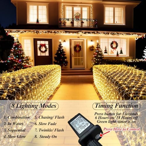 510 LED Christmas Net Lights, 28ft x 5ft Mesh Lights Outdoor Clear Wire 8 modes, Waterproof Connectable String Lights Plug in for Xmas Tree Bushes Garden Holiday Party Decorations - Warm White - Image 2