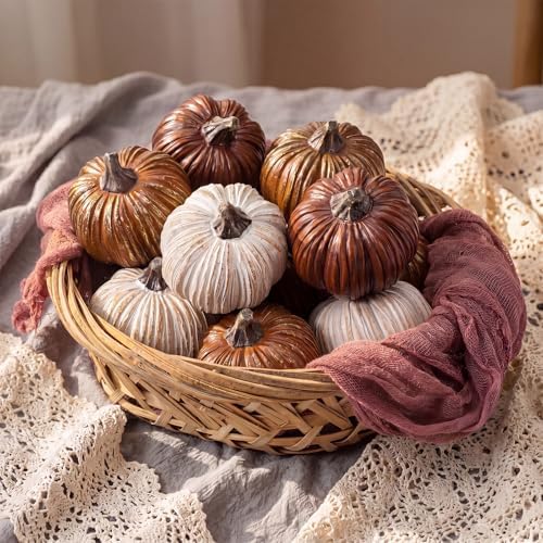 Geelin 12 Pcs Brown Rustic Fall Pumpkin Decor Resin Pumpkins for Thanksgiving Decorations Farmhouse Decorative Pumpkins 2.36" for Fall Home Decor Autumn Tabletop Centerpiece Harvest Wedding by Geelin