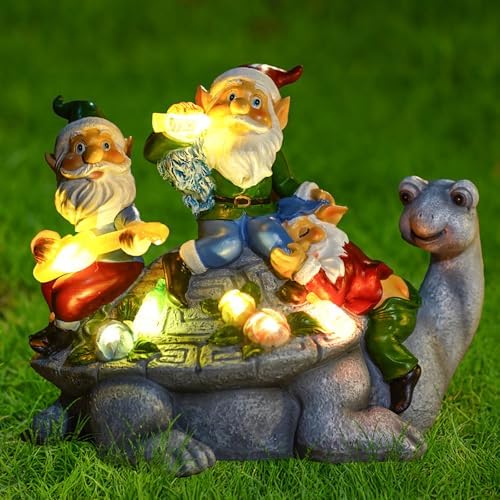Solar Garden Outdoor Statues Gnome Turtle Three Gnomes Having Party on Turtle with 7 LED Lawn Decor Outside Decorations for Patio, Balcony, Yard Ornament Unique Garden Gift - Image 2