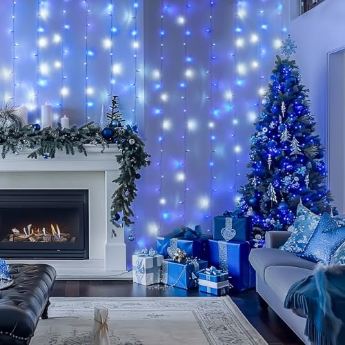 JMEXSUSS 300LED Christmas Curtain Lights Plug in, Blue and White, 9.8x9.8ft - Image 2