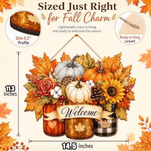 Fall Door Decor Wooden Pumpkin Door Hanger, Welcome Sign for Front Door - Image 2