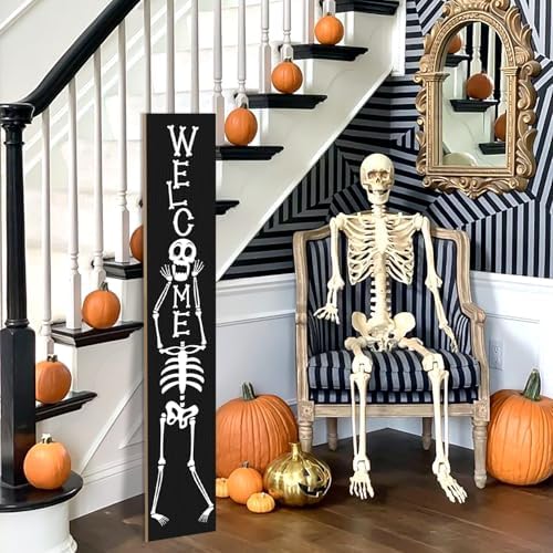 Halloween Porch Sign Boo Sign For Front Porch Skull Wooden Vertical Welcome Sign Yard Standing Decorative Signs Plaques for Front Door Farmhouse Outdoor Indoor Welcome Sign Wall Decor 47.2"H - Image 3