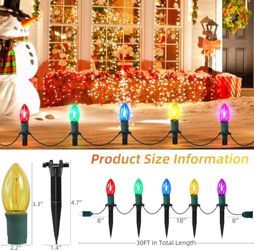 USOKYO 30Ft C9 Led Christmas Pathway Lights Outdoor, 20 Multicolor Bulbs Waterproof Connectable Christmas Walkway Lights with Stakes for Yard Lawn Sidewalk Driveway Decorations - Image 5