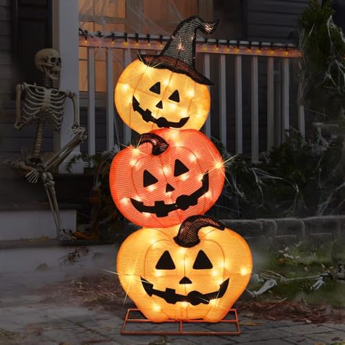 Halloween Lighted 3 Stacked Pumpkins, 39’’ H Pre-Lit Lighted Pumpkins with 50 Warm White Lights, Light Up Halloween Pumpkin Decoration for Indoor, Outdoor, Porch, Yard, Holiday Decor - Image 7