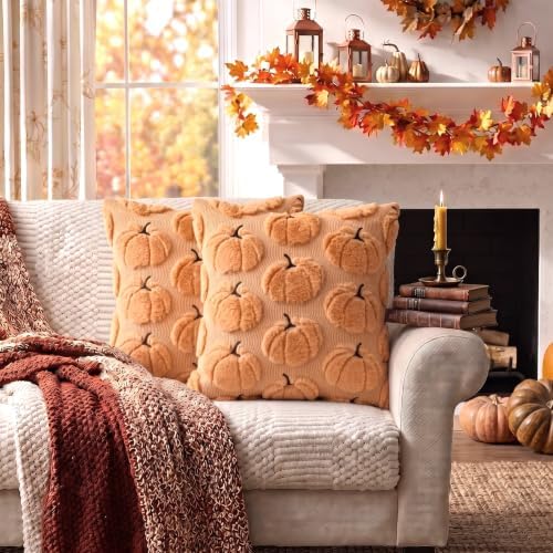 Fall Pillow Covers Pumpkin Fall Decor 16x16 Set of 2 Apricot - Image 6