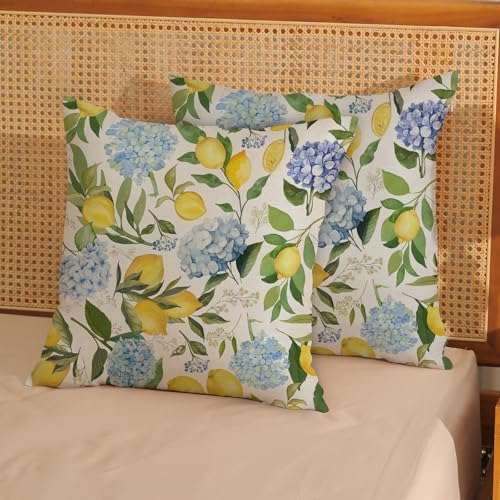 Blue Yellow Pillow Covers 16x16 Inch 2 Pcs Blue Hydrangea Floral Decor Throw Pillows Vintage Lemon Flower Seasonal Summer Outdoor Decoration Pillowcase Linen Cushion Cover for Couch Sofa - Image 2