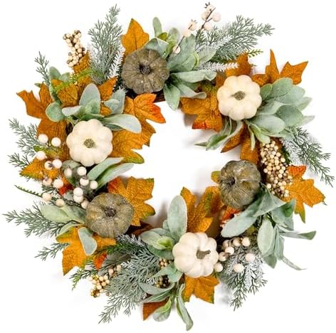 Pinkpum 20" Fall Wreath for Front Door Pumpkin Lambs Ear Wall Decor Autumn by Pinkpum