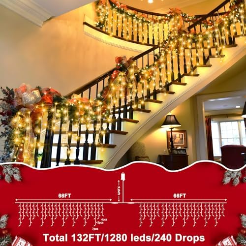 XURISEN 1280 LED 132ft Christmas Lights Outdoor with 240 Drops 8 Modes Curtain Fairy Lights Plug in Waterproof Timer Memory Function String Lights for Christmas Holiday Wedding Party Decor(Warm White) - Image 5
