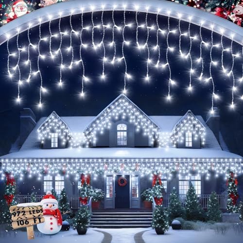 106 FT Christmas Lights Outdoor, 972 LED Waterproof Outside Christmas Lights Plug in, Connectable 8 Modes Hanging Fairy Lights with 216 Drops for House Eaves Yard Patio Wedding Decoration, Cool White by JIXXULVU