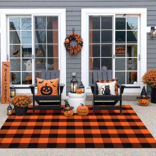 IOHOUZE Fall Buffalo Plaid Outdoor Rug 4x6, Washable, Black Orange - Image 4