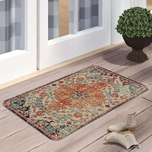 Boho Style Door Mat, Welcome Doormat for Indoor/Outdoor Entrance, Non-Slip Machine Washable Bohemia Floor Mat for Farmhouse Patio Entry & Mudroom Retro Orange Floral Rug Decor 17x30 Inch - Image 4