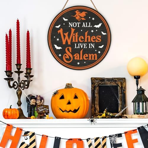 Halloween Witch Door Decor Not All Witches Live In Salem Sign Witchy Halloween Decoration Wreath Wooden Hanger for Front Door Porch Wall Indoor Home Office Kitchen Decor - Image 4
