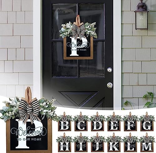 Last Name All Year Round Front Door Wreath with 26 Initial Letter Welcome Sign All Seasons Eucalyptus Garland and Bow ，Farmhouse, Porch, for Spring Summer Fall All Seasons Holiday Halloween Christmas.（P） - Image 3