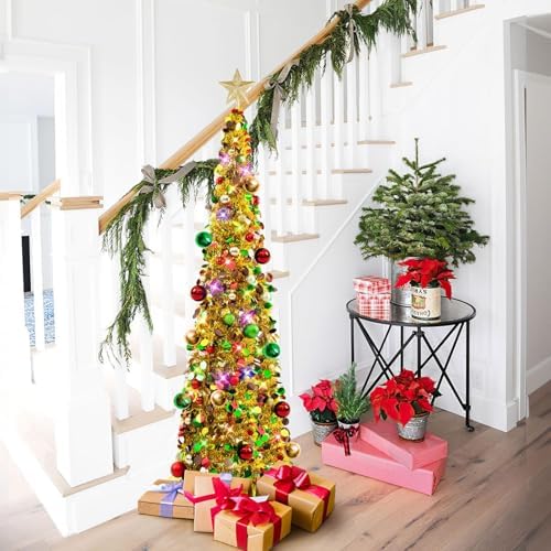 N&T NIETING Pop Up Christmas Tree with Lights, Collapsible Tinsel Xmas Tree Decorations, Pencil Christmas Tree Skinny Tree for Holiday Xmas Home Office Decor, 30 Balls, 5Ft, Gold Mix - Image 5