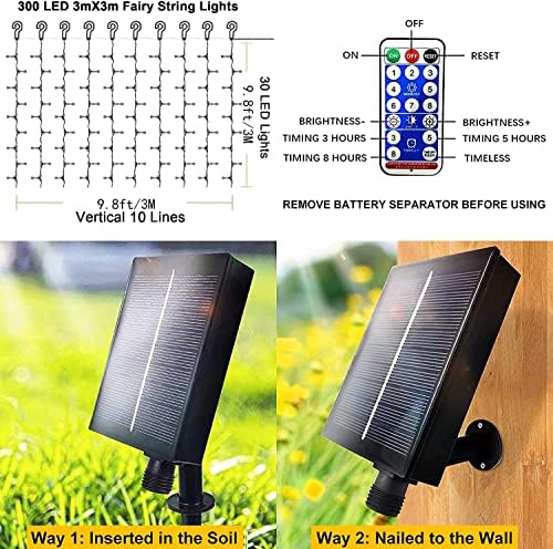 Solar Curtain Lights Outdoor Garden 300 LED Fairy String Lights 8 Modes Remote Control Waterproof Waterfall Lights for Gazebo Patio Home Festival Wedding Wall Christmas Decorations(White) - Image 3