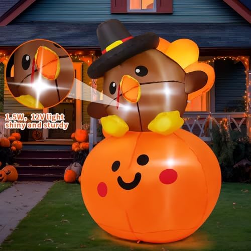 COMIN 5FT Tall Thanksgiving Inflatables Turkey Baby on Pumpkin with Built-in LEDs Blow Up Yard Decoration for Holiday Season Party Indoor Outdoor Garden Lawn - Image 2