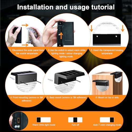CREATESTAR Solar Fence Lights, Outdoor Deck Lights Solar Powered, IP65 Waterproof Solar Step Lights for Outside, Patio, Stairs, Garden, Pathway Decor, Warm White/Color Changing Lighting, 4 Pack - Image 7
