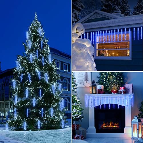 Christmas Icicle Lights Outdoor, 10Ft. Meteor Shower Lights with 10 Large Icecycles, Snowfall Shooting Star Light Effect, Falling Crystal Christmas Decorations for House Eave Roofline Patio, Blue - Image 4
