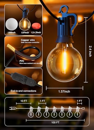 Outdoor String Lights, 100FT 100+2 G40 Bulbs Shatterproof Patio Lights - Image 6