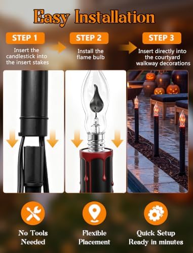 Halloween Pathway Lights Outdoor, 19.5Ft Halloween Pathway Marker String Lights with 10 C18 Flicker Flame Black Candles Stakes Lights Plug in Walkway Light for Lawn Garden Sidewalk Driveway - Image 5