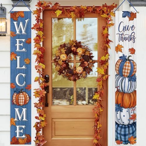 Deroro Welcome Fall Thanksgiving Pumpkin Porch Banner Sign, Blue Autumn by DERORO