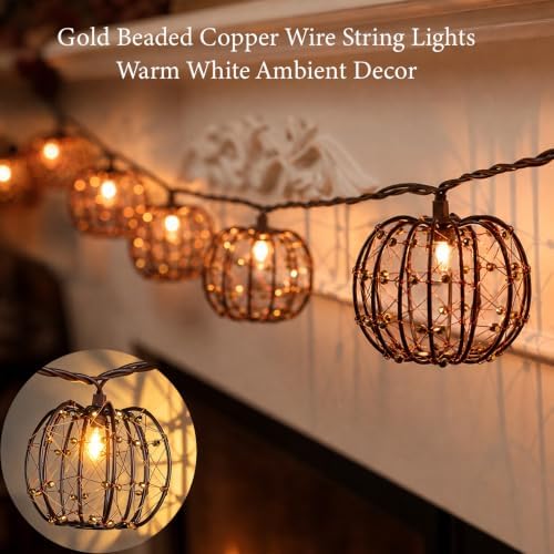 Decorative String Lights, 8.5ft with 10 Pumpkin Gold Beaded Copper Wire Lanterns, UL Certified Connectable Fairy Lights for Indoor Outdoor Patio Porch Garden Wedding Decor (1) - Image 2