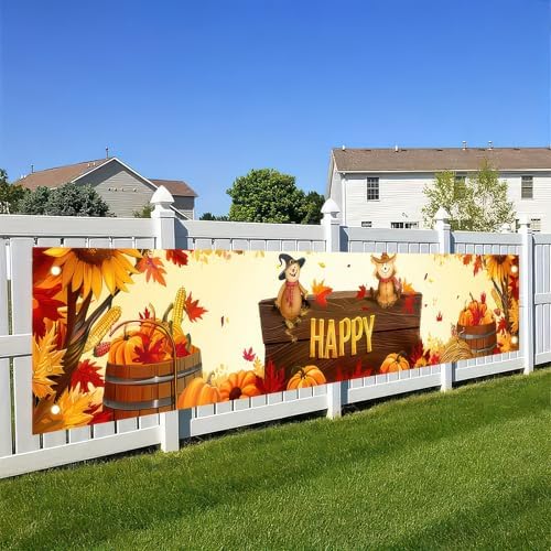 BlissYard Happy Fall Thanksgiving Banner 118 x 20 inchs Autumn Scarecrow Pumpkin Yard Decor Thanksgiving Autumn Sunflower Outdoor Decorations Banner for Wall, Fence, Yard by BlissYard