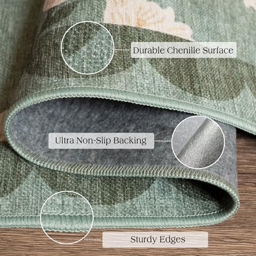 Floral Outdoor Rug - 28" x 43" Front Door Mat Indoor Outside Entrance Non-Slip Washable Outdoor Mat Sage Green Spring Scalloped Rug for Entryway Kitchen Bedroom Layered Doormat for Front Porch - Image 3