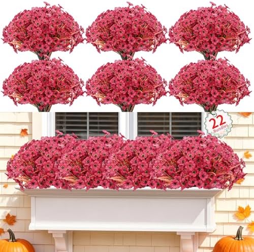 Powbrace 22 Pack Artificial Fall Flowers Mums for Outdoor Indoor(Dark Red) by Powbrace