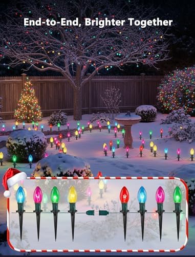 C9 Multicolor Christmas Pathway Lights,38FT 25 Pcs Multicolored Extendable Waterproof Christmas Walkway Lights with Multicolor Bulbs and Stakes for Outdoor Lawn Garden Sidewalk Xmas Decorations - Image 5