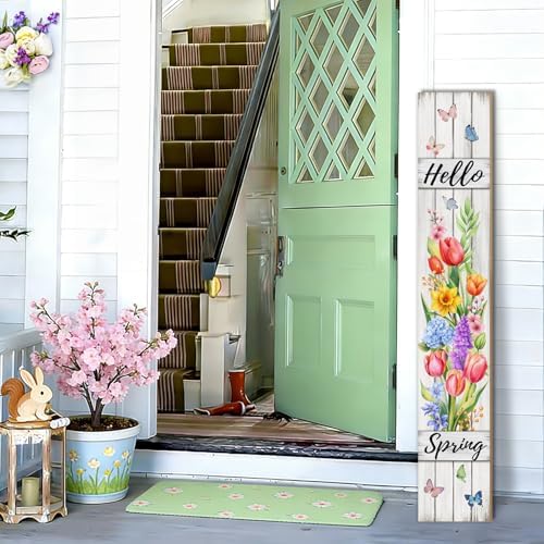 Hello Spring Porch Sign Tulip Butterflies Welcome Sign Rustic Vertical Standing Sign For Front Porch Decor Farmhouse Hanging Wall Sign for Patio Yard Party Indoor Outdoor Decoration 47.2"H - Image 5