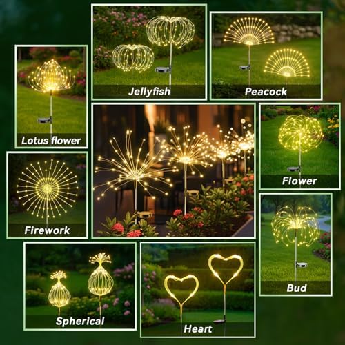 Dream Master Solar Garden Lights, 4 Pack 120 LEDs Solar Lights Outdoor Waterproof, 8 Modes Fireworks Light, Valentines Day Decorations for Yard, Pathway, Walkway, Pool, Warm White - Image 3