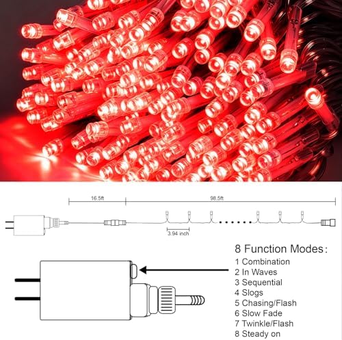 LJLNION 300 LED Valentines Lights, Extra Long 98.5FT Christmas String Lights Outdoor Indoor, 8 Lighting Modes, Plug in Waterproof Fairy Lights for Wedding Party Bedroom Decorations (Red) - Image 5