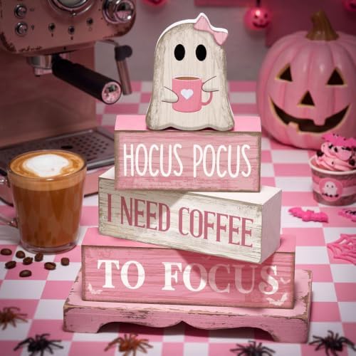 Moucuny 4 Pcs Pink Halloween Table Decor Ghost Wooden Stacked Block Decor - Image 2