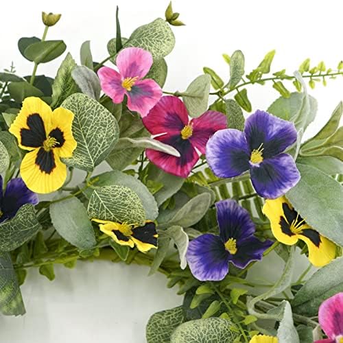 Artificial Spring Summer Wreath with Pansy Flowers,Flocked Lamb Ear Leaves,Eucalyptus Leaves,Fern Branches for Front Door Indoor Outdoor Farmhouse Wall Holiday Decor, White Gift Box Included - Image 6
