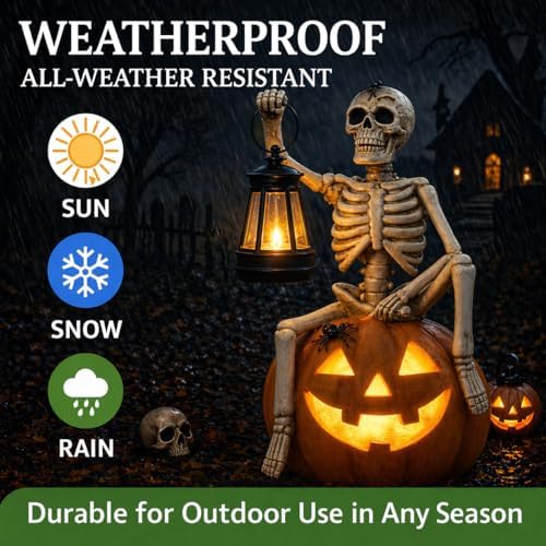 Halloween Outdoor Decorations Solar Lighted Skeleton Pumpkin Statue with Lantern 9.3 Inch Resin Jack O Lantern Yard Decor Halloween Skeleton Decoration for Porch Patio Garden Lawn - Image 4