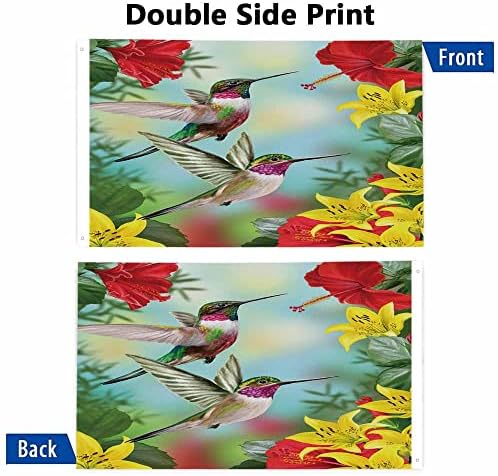 Yekiua Hummingbirds Flag 3X5 Outdoor Two Little Birds Spring Red Flowering Hibiscus Yellow Lilies Double Sided Flags All Weather Long Lasting With 2 Brass Grommets - Image 3
