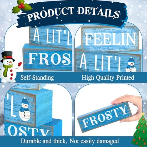 Yuntau 4 Pcs Winter Tiered Tray Decor Christmas Snowflake Wooden Block Sign - Image 6